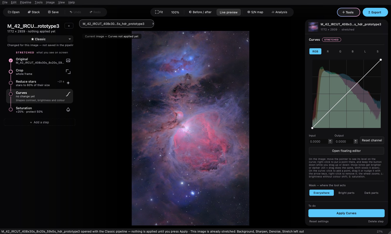 The COSMO window: the whole image between the processing sequence, on the left, and the settings, on the right