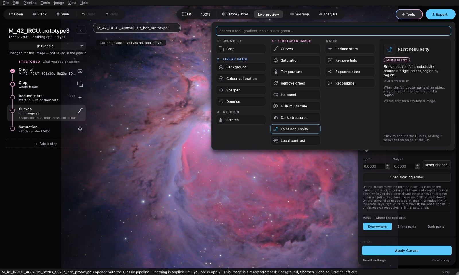 The Tools panel open: tools grouped by domain, and the description of the Faint nebulosity tool