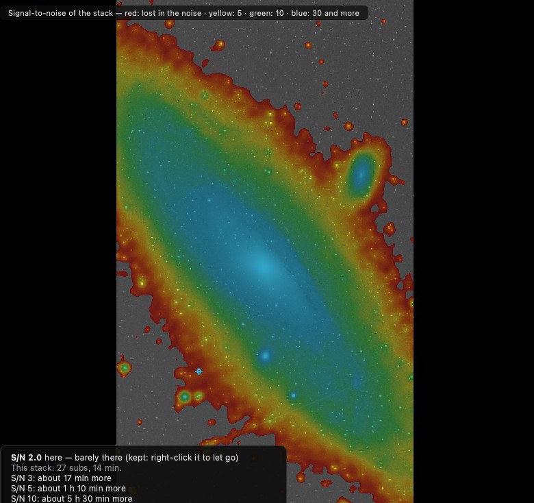 False-colour signal-to-noise map of M 31, with the readout for the region under the pointer